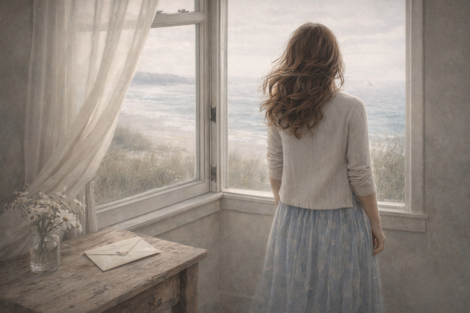 A young woman stands quietly inside a coastal cottage, gazing out an open window toward the sea as soft morning light falls across a rustic wooden table holding a folded letter and wildflowers.