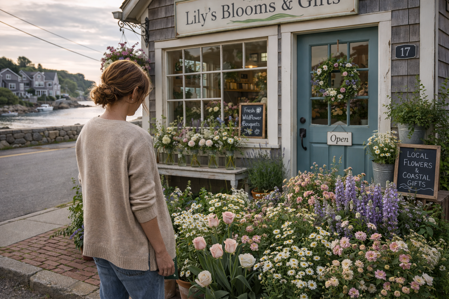 Coastal woman standing outside a flower shop admiring spring blooms by the harbor