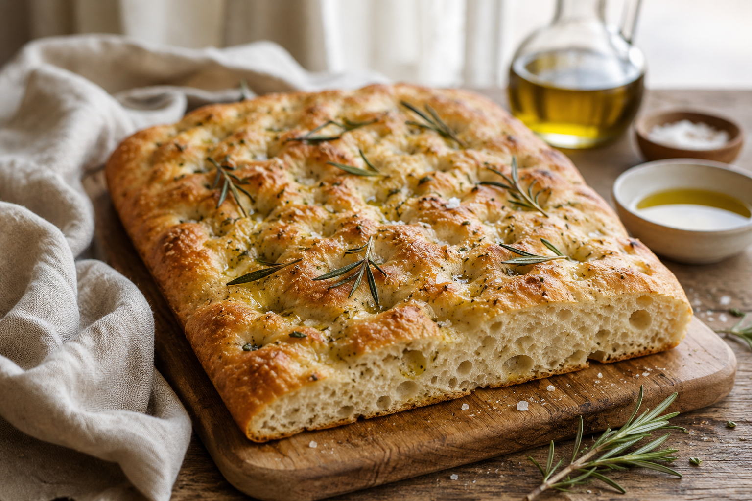 Golden rustic rosemary olive oil focaccia bread topped with flaky sea salt and fresh rosemary on a wooden board beside olive oil and linen cloth in soft natural light.