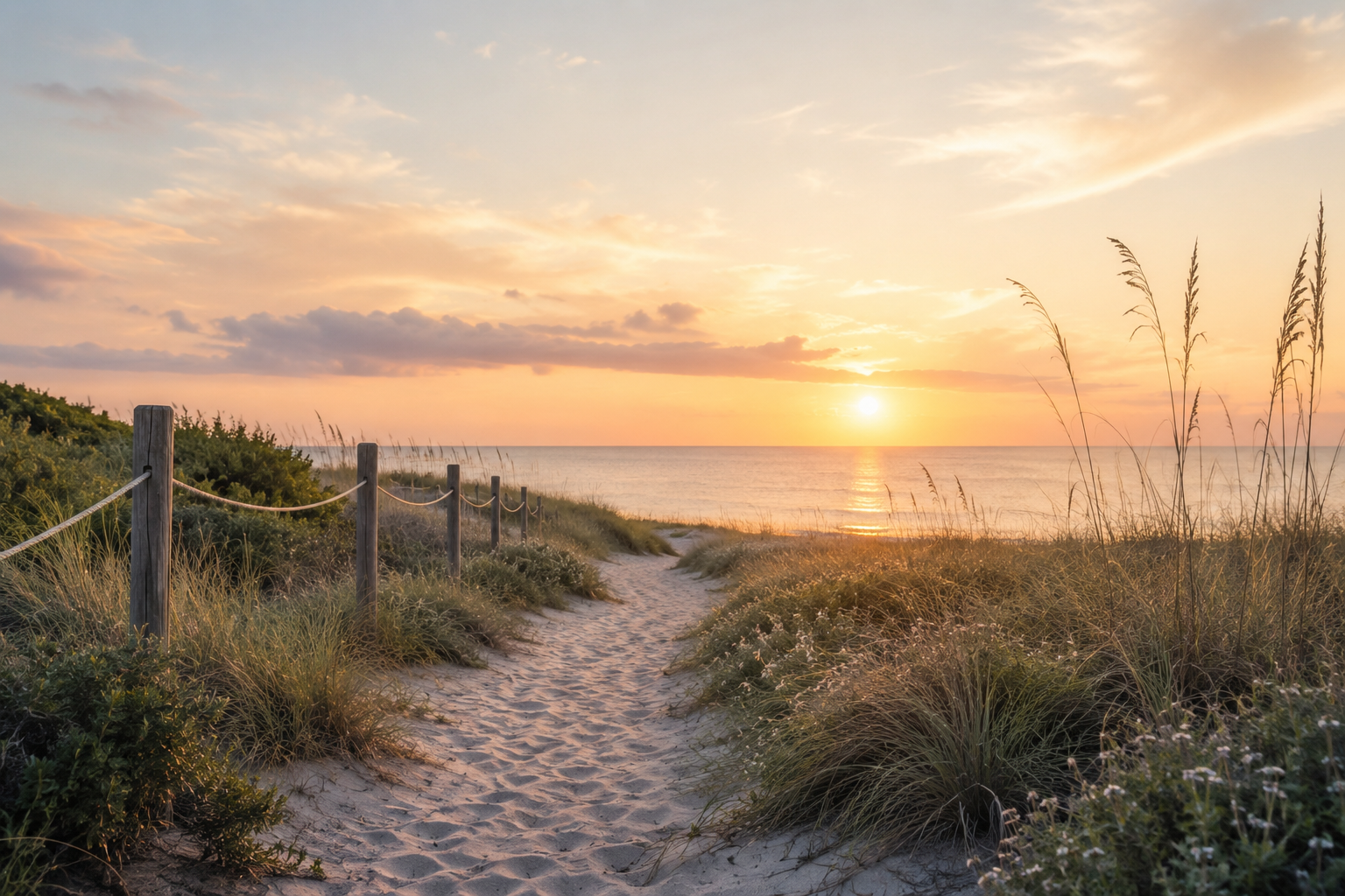 Sandy coastal path through dune grass leading toward the ocean at sunrise, with soft golden light and calm water.