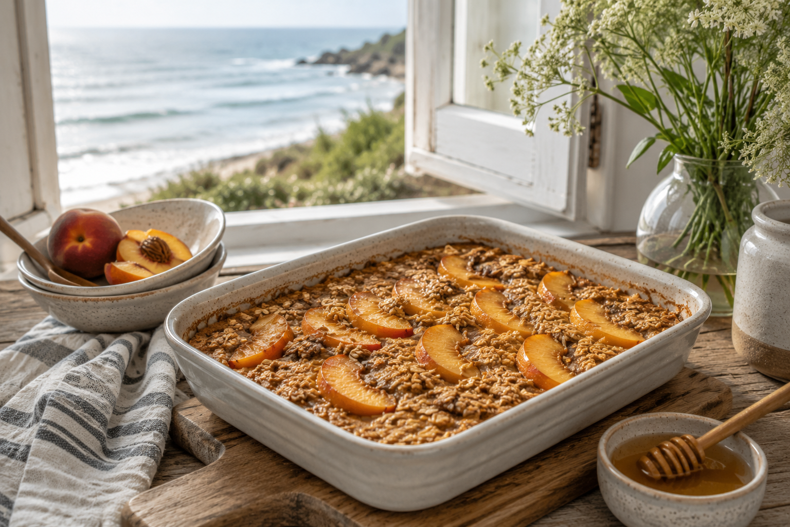 Warm honey peach baked oatmeal in a white baking dish topped with fresh peach slices and cinnamon on a soft neutral kitchen table setting.