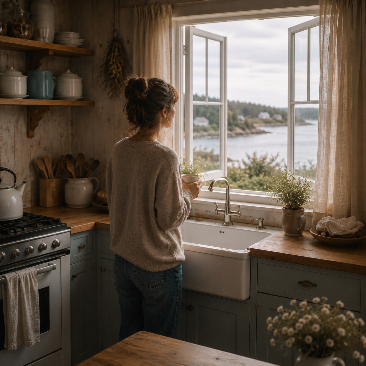 Emma stands at the open kitchen window of her grandmother’s coastal cottage, holding a warm mug while looking out over the water. Soft morning light fills the rustic kitchen, with weathered wood shelves, pale blue cabinets, and sheer curtains moving gently in the ocean breeze.
