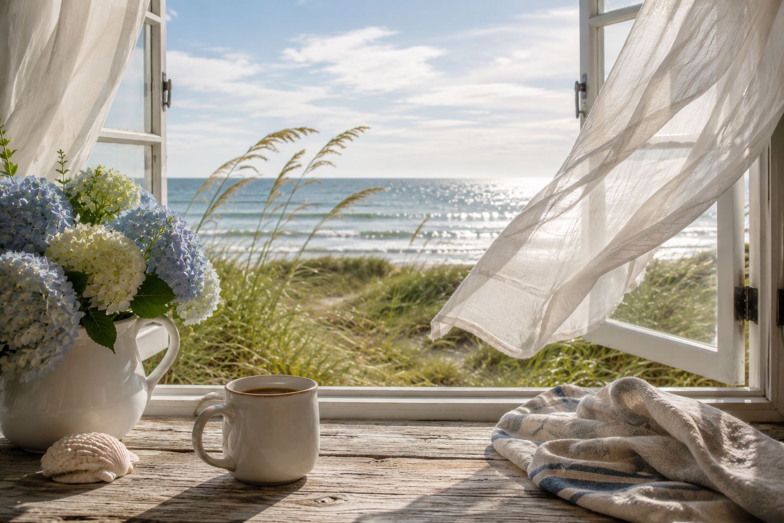 Open coastal window with sheer curtains billowing in a gentle summer breeze, overlooking the ocean with sea oats, blue hydrangeas, a white coffee mug, a seashell, and a weathered wooden table in soft afternoon light.