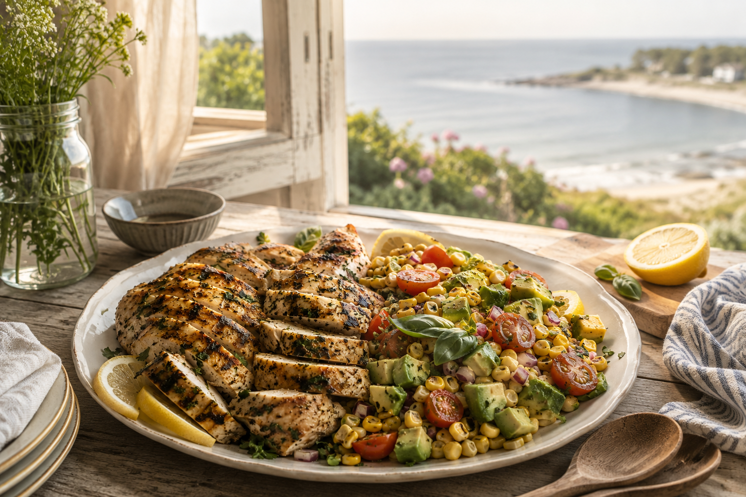 Lemon Herb Grilled Chicken with Summer Corn & Avocado Salad