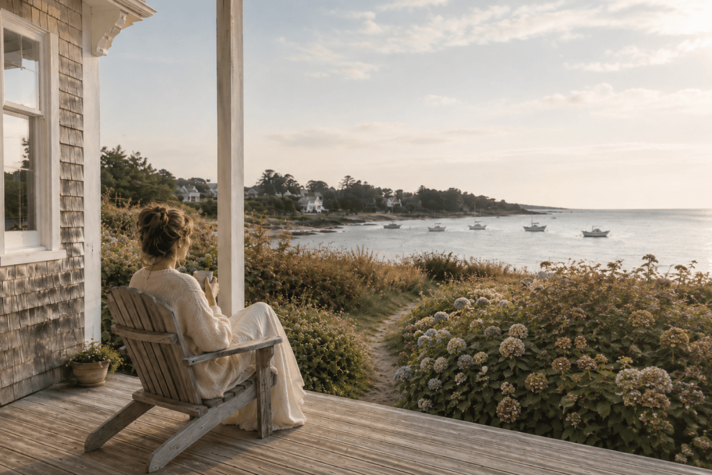 Emma sits in an Adirondack chair on a weathered coastal porch, holding a warm mug and looking across the quiet harbor as summer begins to fade on Bellward Isle.