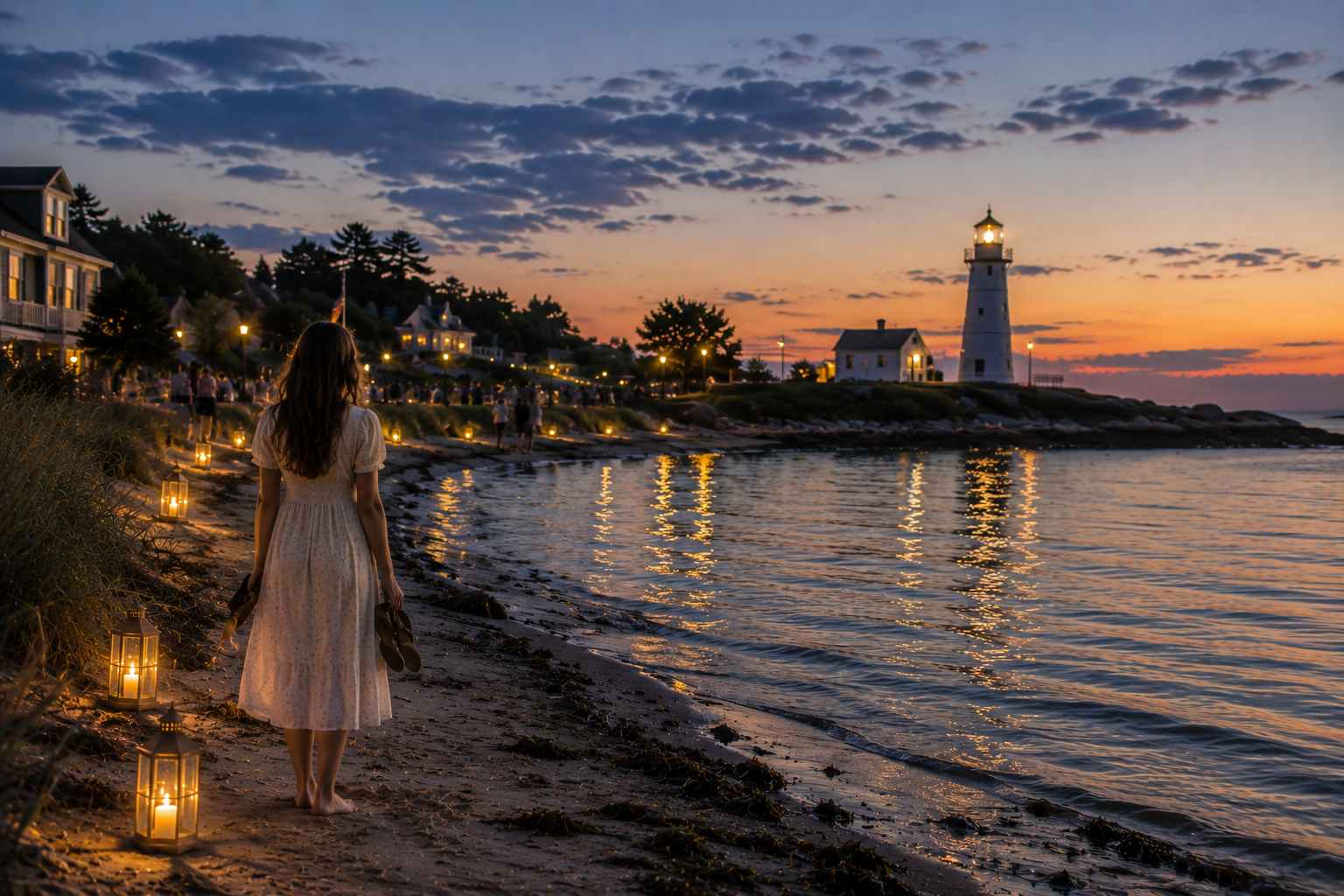 Emma stands barefoot at the shoreline in a simple cotton dress, holding her sandals as lantern lights reflect across the water toward the island lighthouse at dusk.