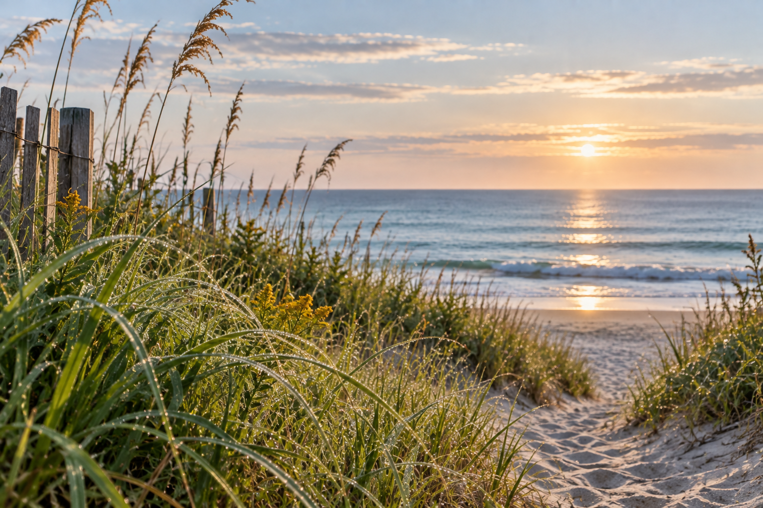 Dew-covered coastal grasses and sea oats along a sandy path leading to the ocean on a cool early September morning.