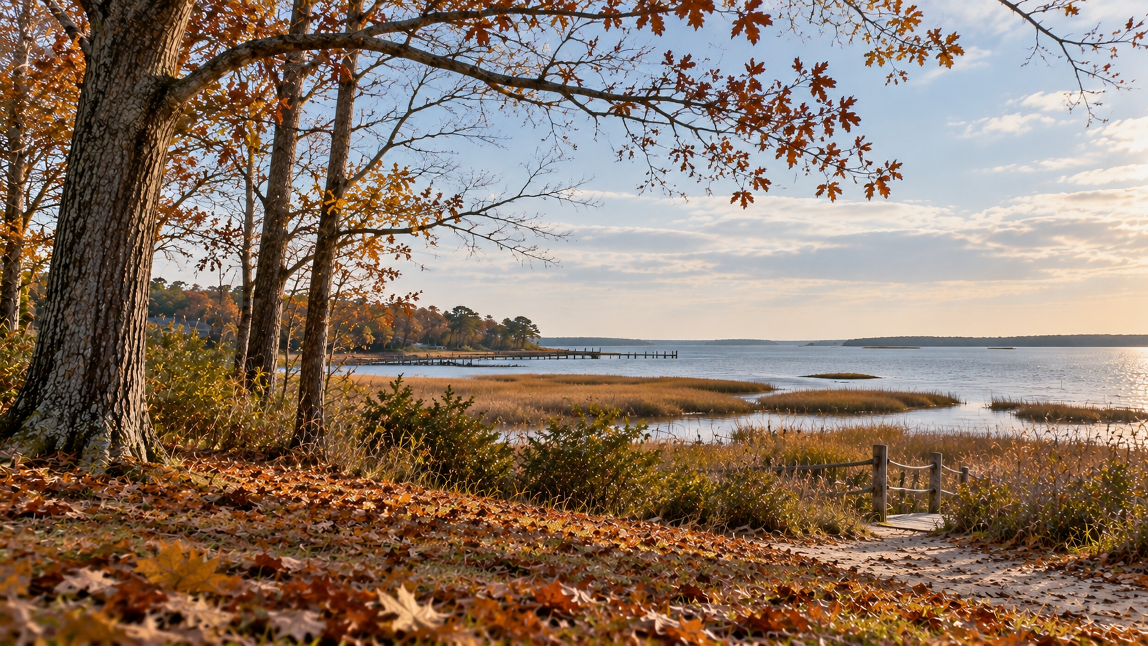 Late October coastal landscape overlooking a peaceful sound, with golden marsh grasses, fallen autumn leaves, and thinning tree branches preparing for winter.